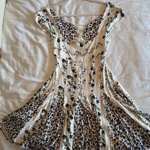 Free People Ivory Mini Dress with Violet Floral Pattern, Lace Up Back, Small